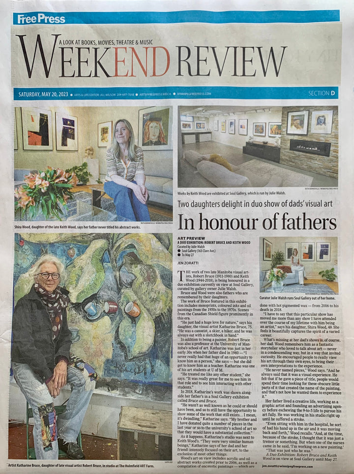 ARTICLE IN THE WINNIPEG FREE PRESS  <br>THE DUO EXHIBITION FEATURING <br>ROBERT BRUCE (1911-1980) <br>KEITH WOOD (1944-2018)