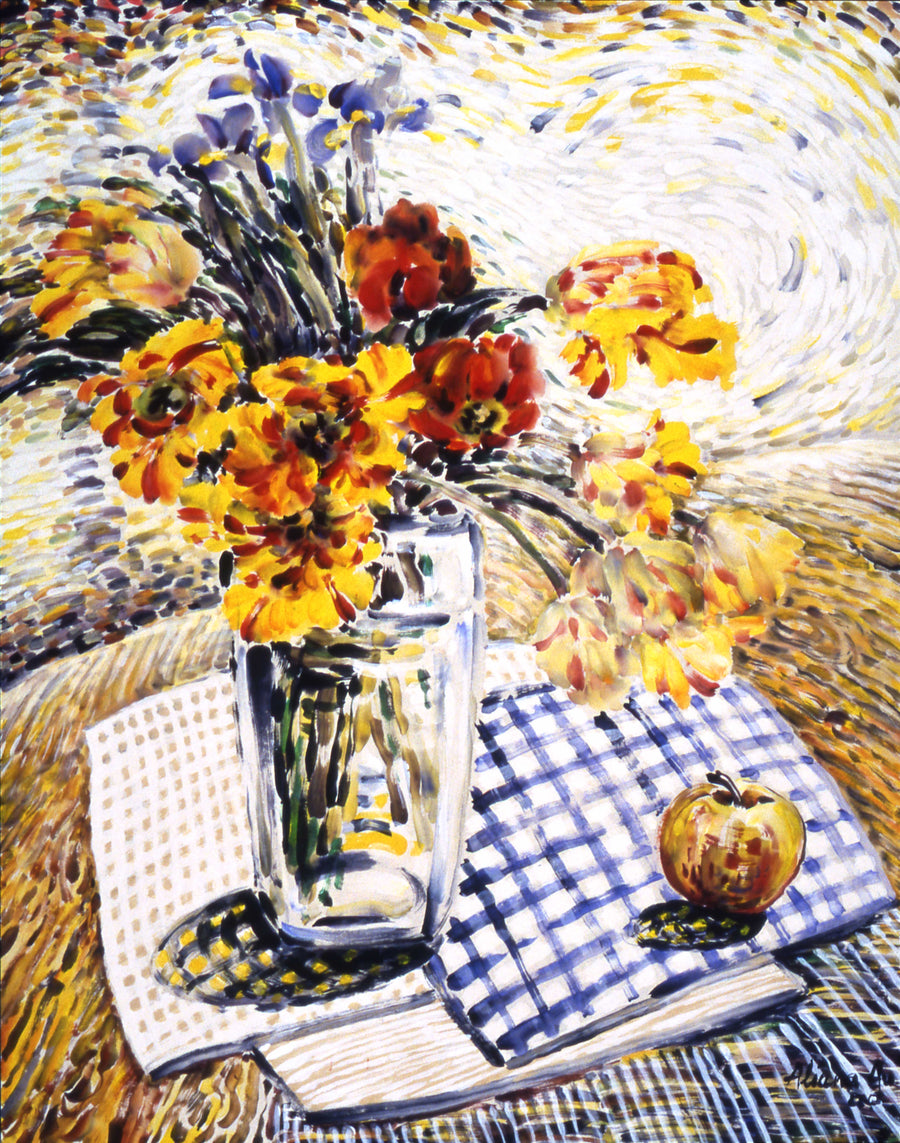 Bouquet with Irises, Tulips and an Apple