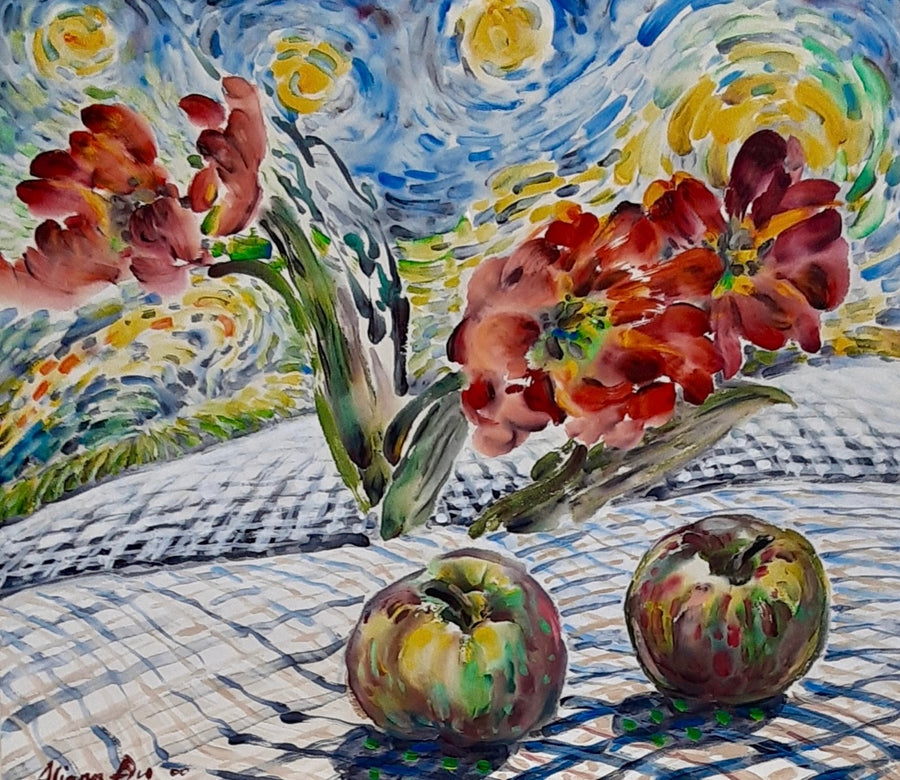 Starry Night with Tulips and Two Apples